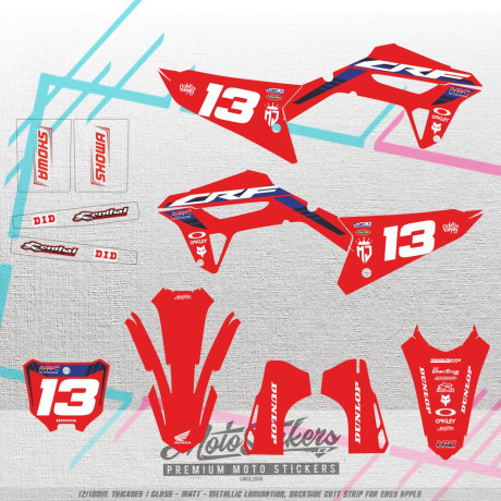 Honda CRF 450R 2021-2024 CRF 250R 2022-2024  sada samolep (+ čiré samolepky na kyvku a tlumiče)
