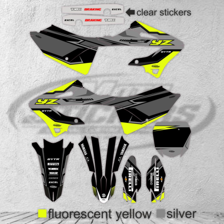 YAMAHA YZ 125 & 250 2022-2024 premiové samolepky (fluorescenční žlutá a stříbrná)