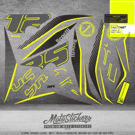 Benelli BN 125 2023 stickers kit (clear background/flou yellow/black) with rims stickers