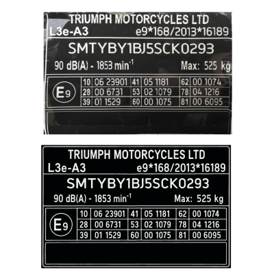 Oprava samolepky na rámu - VIN štítek - Triumph 70x45mm + zpracování grafiky