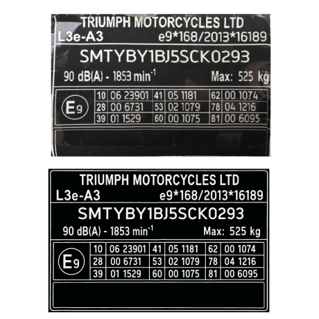 Oprava samolepky na rámu - VIN štítek - Triumph 70x45mm + zpracování grafiky